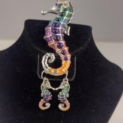 Chunky Enameled Seahorse Pendant with Earrings (#69)
