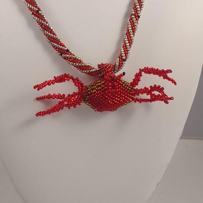 Hand Made Seed Bead Crab Design Necklace with Bracelet and Earrings (#72)