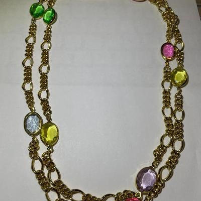 Vintage 46" Heavy Gold-tone Link Necklace w/Colored Stones in Good Preowned Condition.