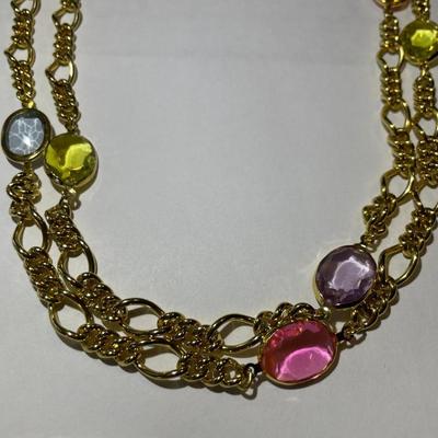 Vintage 46" Heavy Gold-tone Link Necklace w/Colored Stones in Good Preowned Condition.
