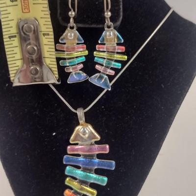 Multi-color Iridescent Glass Fish Design Necklace and Earrings (#94)