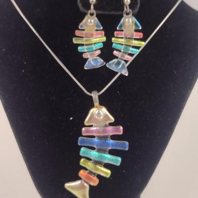Multi-color Iridescent Glass Fish Design Necklace and Earrings (#94)