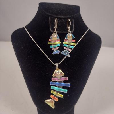 Multi-color Iridescent Glass Fish Design Necklace and Earrings (#94)