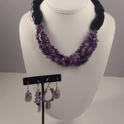Amethyst Four Strand Necklace with Earrings (#95)