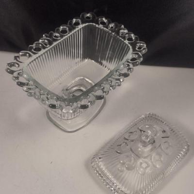Vintage Indiana Glass Lace Edge Pedestal Candy Dish with Lid