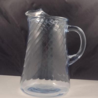 Blue Glass Pitcher with Swirl Pattern and Ice Lip