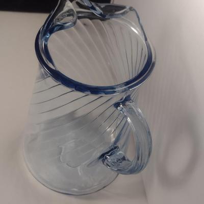 Blue Glass Pitcher with Swirl Pattern and Ice Lip