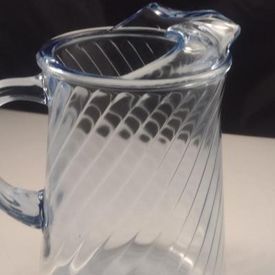 Blue Glass Pitcher with Swirl Pattern and Ice Lip