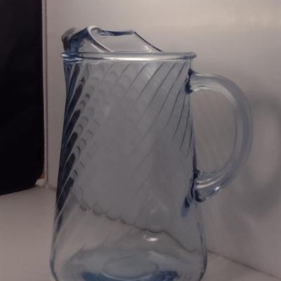 Blue Glass Pitcher with Swirl Pattern and Ice Lip