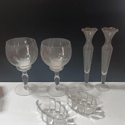 Princess House glass candle holders and glass vases with two spoon rests