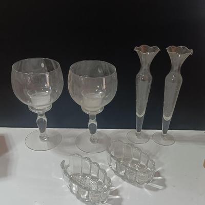 Princess House glass candle holders and glass vases with two spoon rests