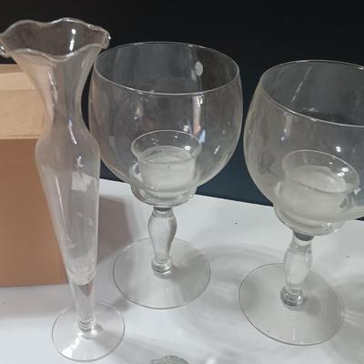 Princess House glass candle holders and glass vases with two spoon rests