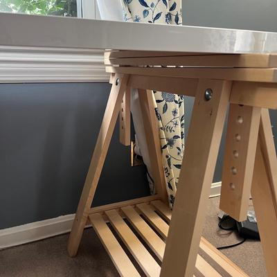 New Ikea Linnmon White Desk Table, Beech Wood Trestle Shelf Legs