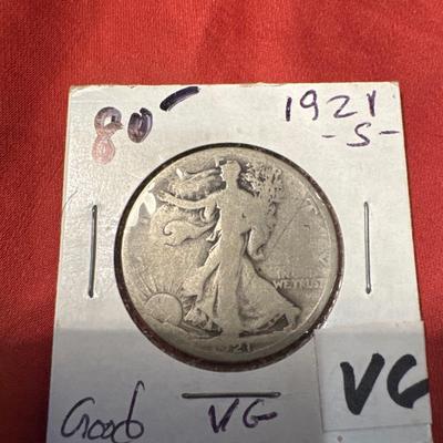 1921 S WALKING LIBERTY VG US COIN .50c