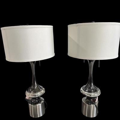 Pair of Modern lamps Glass & Metal w/ white shades
