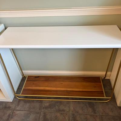 White Sayer Console Table Gold Metal Legs Wood Shelf