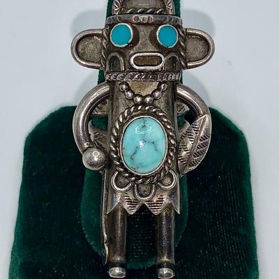 Native American Pawn Silver & Turquoise Kachina Ring