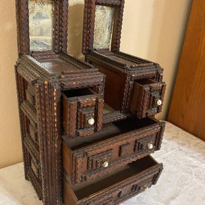 19th century Antique “Tramp Art” miniature mirrored dresser or vanity