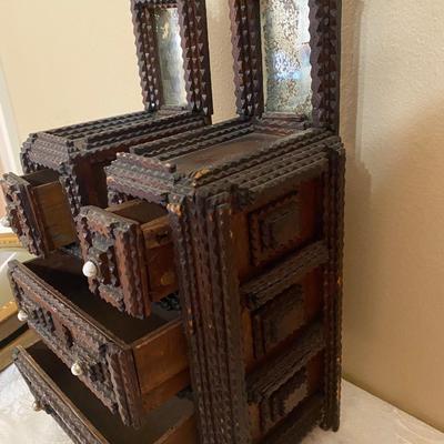 19th century Antique “Tramp Art” miniature mirrored dresser or vanity