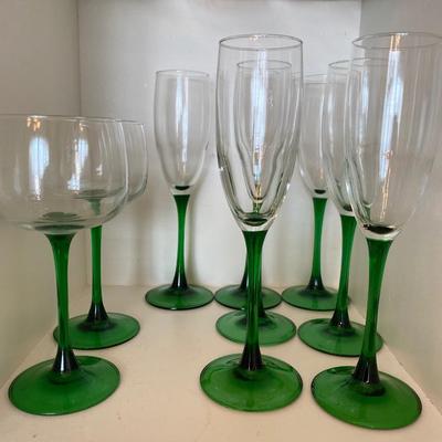 Set of 7 vintage forest green champagne flutes