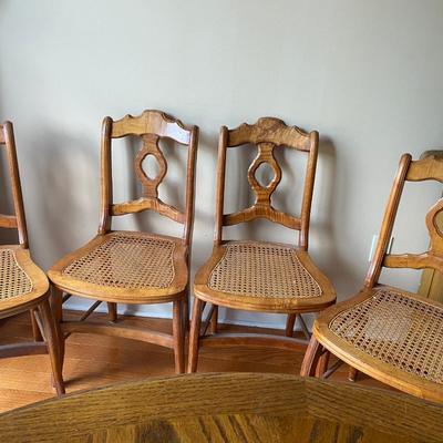 Set of 4 vintage tiger maple chairs with cane seats