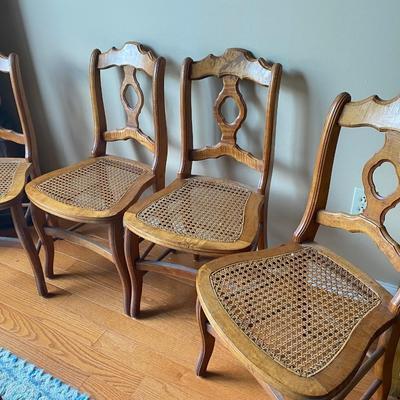 Set of 4 vintage tiger maple chairs with cane seats