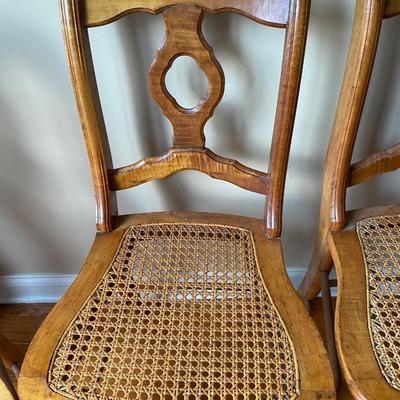 Set of 4 vintage tiger maple chairs with cane seats