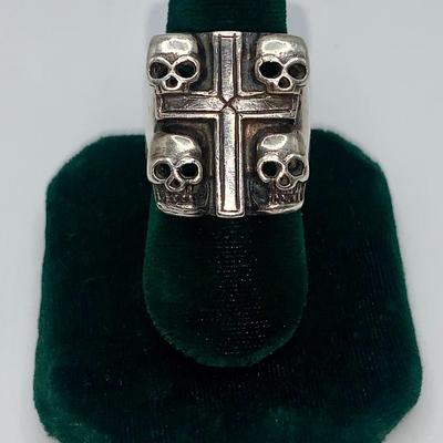 Vintage Biker Ring - Cross and Four Skulls