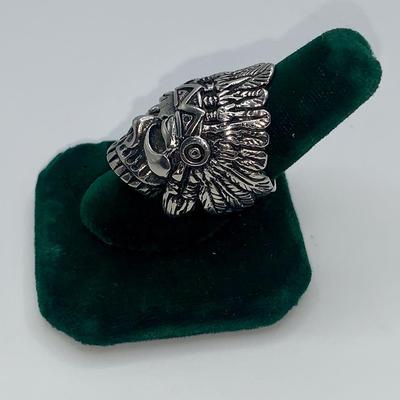 Vintage Biker Ring - Skull w/ Native American Headdress