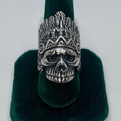 Vintage Biker Ring - Skull w/ Native American Headdress