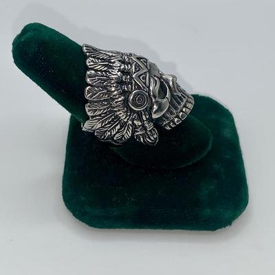 Vintage Biker Ring - Skull w/ Native American Headdress