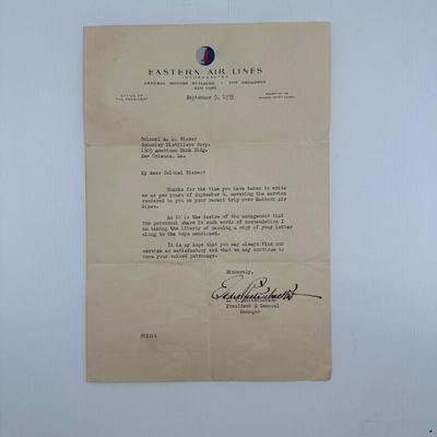 Rickenbacker Letter to Colonial Wiener, Eastern Airlines, 1939
