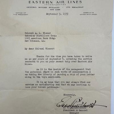 Rickenbacker Letter to Colonial Wiener, Eastern Airlines, 1939