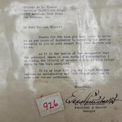 Rickenbacker Letter to Colonial Wiener, Eastern Airlines, 1939