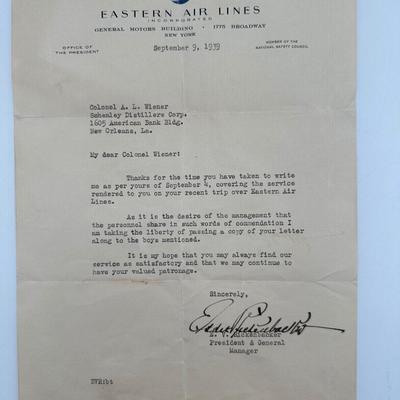 Rickenbacker Letter to Colonial Wiener, Eastern Airlines, 1939