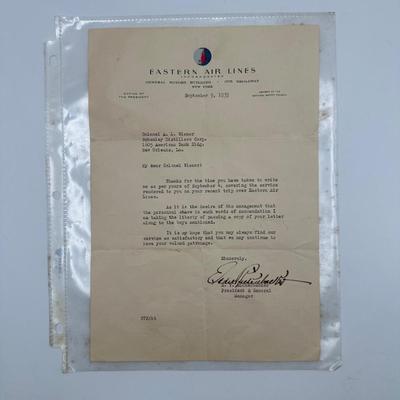 Rickenbacker Letter to Colonial Wiener, Eastern Airlines, 1939