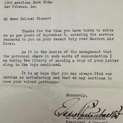 Rickenbacker Letter to Colonial Wiener, Eastern Airlines, 1939