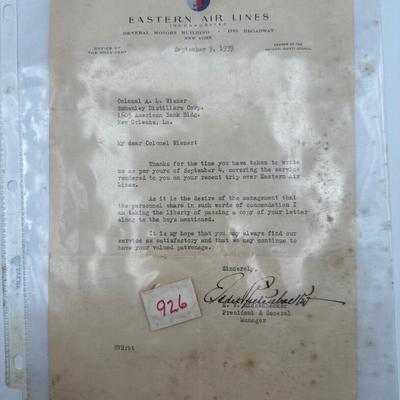 Rickenbacker Letter to Colonial Wiener, Eastern Airlines, 1939