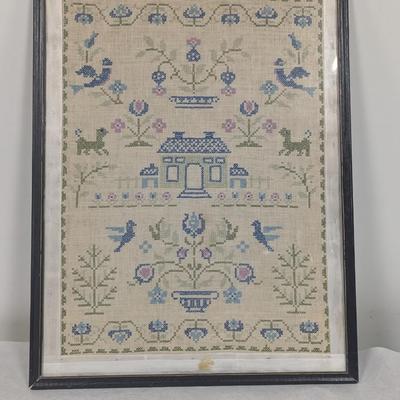 Vintage Hand Embroidered Sampler Home Tree Birds
