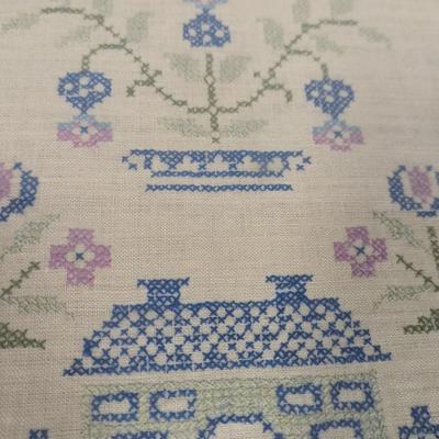 Vintage Hand Embroidered Sampler Home Tree Birds