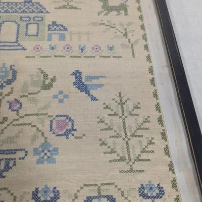 Vintage Hand Embroidered Sampler Home Tree Birds
