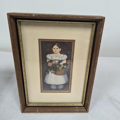 Vintage Americana Lithograph Art Print "Girl With Basket Of Flowers"