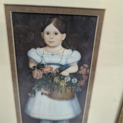 Vintage Americana Lithograph Art Print "Girl With Basket Of Flowers"