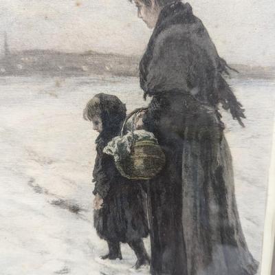 Fritz Von Hude German Mother & Child In The Snow Etching
