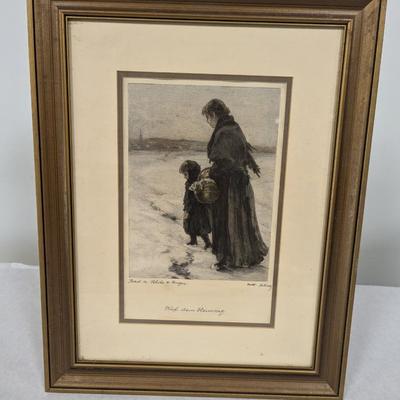 Fritz Von Hude German Mother & Child In The Snow Etching