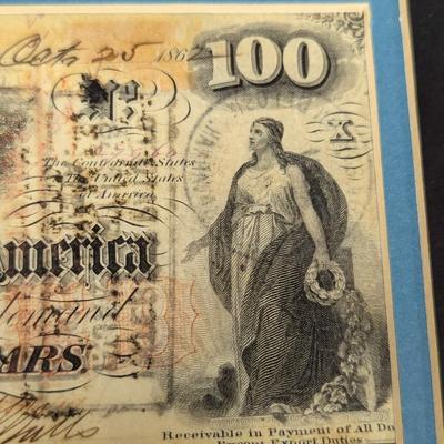 Framed "Moon Light Raider" Print Signed By Larry Arnold WIth Confederate One Hundred Dollar 1862