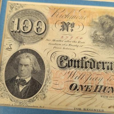 Framed "Moon Light Raider" Print Signed By Larry Arnold WIth Confederate One Hundred Dollar 1862