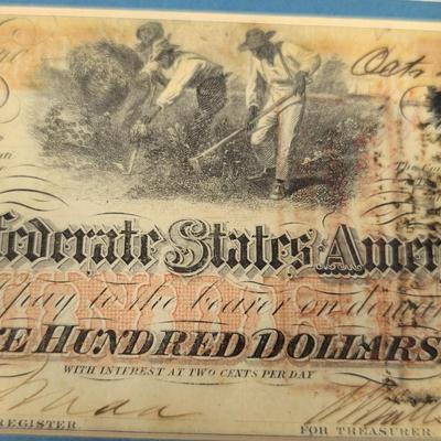 Framed "Moon Light Raider" Print Signed By Larry Arnold WIth Confederate One Hundred Dollar 1862