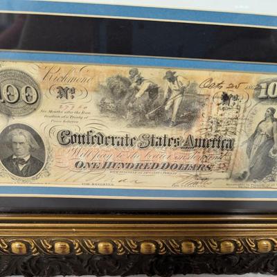Framed "Moon Light Raider" Print Signed By Larry Arnold WIth Confederate One Hundred Dollar 1862