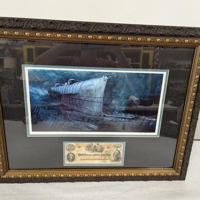 Framed "Moon Light Raider" Print Signed By Larry Arnold WIth Confederate One Hundred Dollar 1862